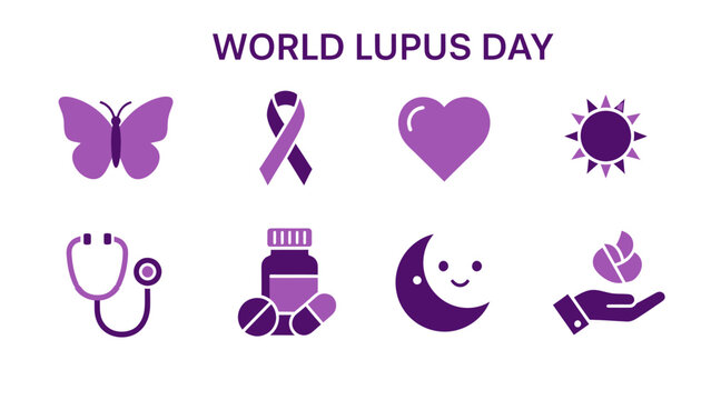 Purple icons for World Lupus Day butterfly ribbon heart sun stethoscope pills moon and hand with plant