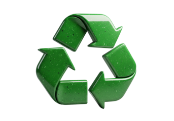 Green recycling symbol made of recycled materials on black background