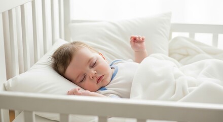 Peaceful baby boy sleeping soundly in a white crib with soft blankets and a pillow, bathed in gentle light.