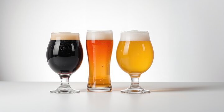 Three pints of craft beer presented on a white background, the variety of brewing styles