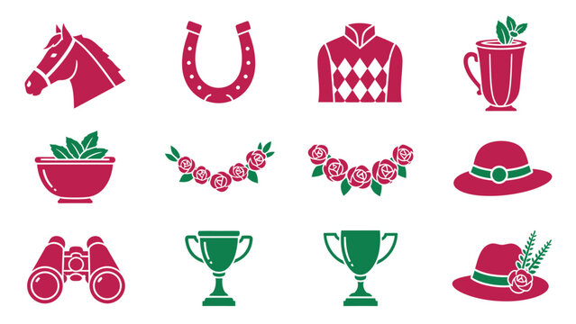 Twelve vector icons related to horse racing and the Kentucky Derby in red and green