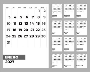 2027 Spanish calendar in a vertical style that highlights the month of January, bold typography for greater readability, vertical columns to separate the days, ideal for modern office decoration