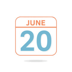 Obraz premium Vibrant calendar icon displaying June 20th, perfect for date reminders and event planning applications. Minimalist and clear representation for
