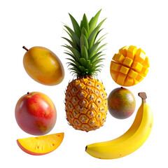 Fresh tropical fruit collection with pineapple and mango isolated on transparent background