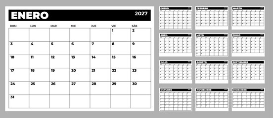 Elegant Spanish 2027 calendar with black header bar, high-contrast grid design, sophisticated look for professional planners, executive agendas and wall calendars. The complete set of twelve months 