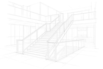 Faint outline of modern construction with emphasis on stairs and railing