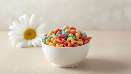 Vibrant cereal pieces scattered on a surface suggest a snack or breakfast setting, ideal for editorial header backgrounds