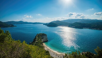 Obraz premium Overhead perspective of Saros Bay peninsula featuring beach, sea, and lush greenery with visitors enjoying the summer environment
