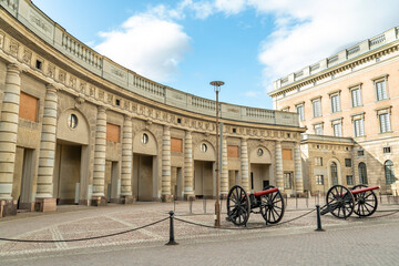 Royal palace courtyard with historic cannons in Stockholm