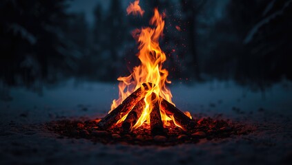 Campfire with flickering flames on burnt logs, ideal for creating warm winter ambiance in layouts