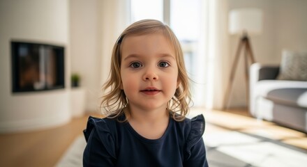 Toddler girl with blonde hair in navy dress looks directly forward in a bright, modern living room