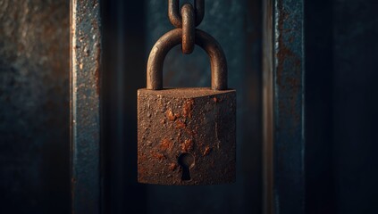Detail of an aged rusty padlock on a gate, highlighting security hardware and corrosion concerns