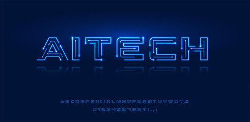 Futuristic tech font and alphabet. Digital typography design for AI technology, cyber systems, circuit boards. Neon blue geometric typeface for logo, poster, computer interface, game, sci-fi, security