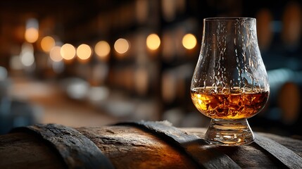 Atmospheric whiskey cellar displays a crystal tasting glass filled with amber liquid resting on an old wooden barrel with dim warm lighting.