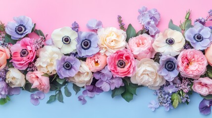 Pastel Floral Border Row of Colorful Flowers on Pink and Blue Background