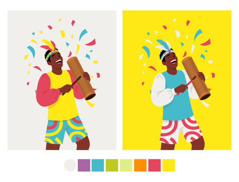 Joyful Brazilian Musician Playing Reco-reco - Vibrant Carnaval Percussionist with Headpiece