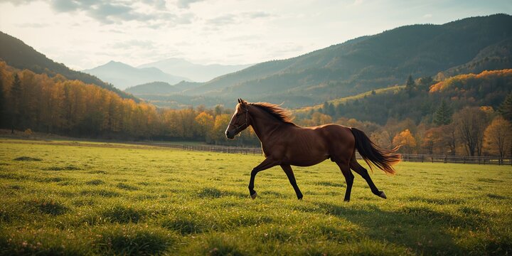 Equine in lush grassland setting amidst seasonal greenery, showcasing animal elegance and natural environment