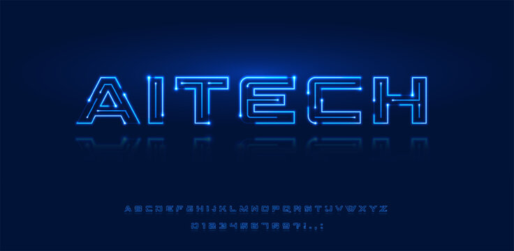 Futuristic tech font and alphabet. Digital typography design for AI technology, cyber systems, circuit boards. Neon blue geometric typeface for logo, poster, computer interface, game, sci-fi, security