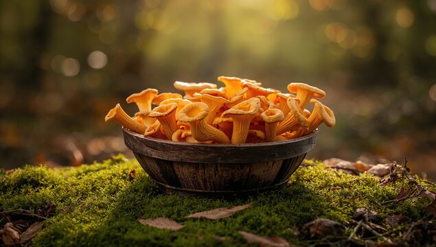 Cantharellus cibarius mushrooms in a basket, foraged food display, edible fungi safety