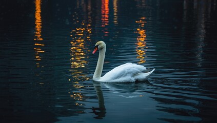 Fototapeta premium White swan floating on a pond with city skyline reflections, focusing on urban water features