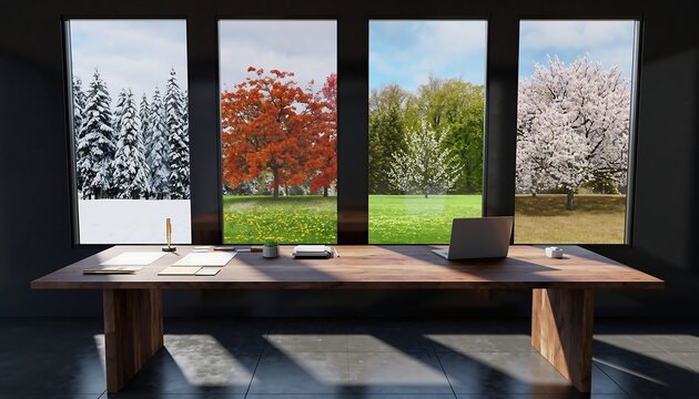 Spacious wooden office table with four windows showing spring summer fall and winter landscapes