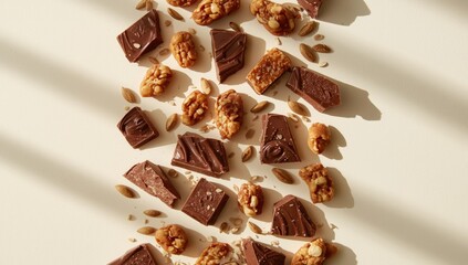 Chocolate and kozinaki backdrop, candy with contrasting colors for editorial header background, International Chocolate Day