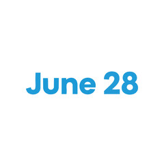 Bright Blue Text 'June 28' Displayed on a Clean White Background Representing a Specific Calendar Date