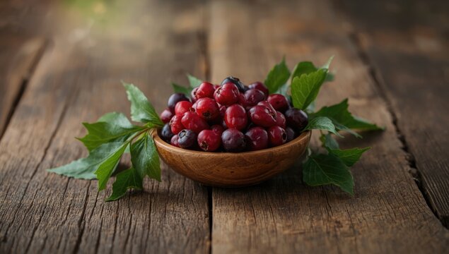 Dogwood berry with leaf in bowl on wooden table, used as a natural centerpiece for seasonal display