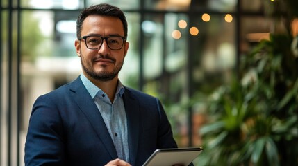 Smiling Professional Man in Blue Suit Holding Tablet Indoors