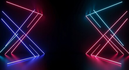 Vibrant abstract dark background featuring intense neon glowing geometric shapes and lines, perfect for digital display or virtual setting, ultraviolet, tunnel, aesthetic
