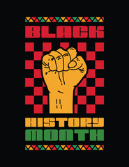 Powerful Black History Month design with raised fist and vibrant colors celebrating heritage and unity