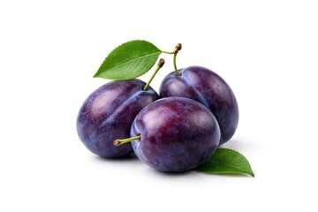 Fototapeta premium Damson plum with leaf detail on a pure white background showing copy space
