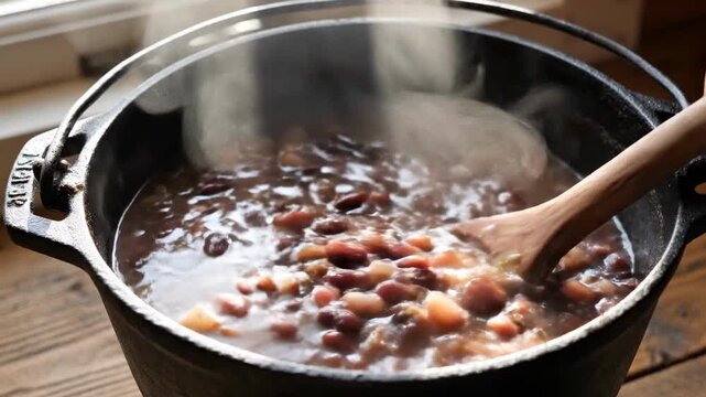 Cast iron pot with simmering baked beans on wooden table indoors