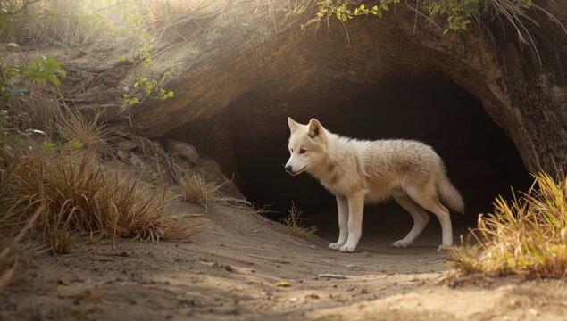 Young Arctic wolf at den opening, highlighting natural ecosystem