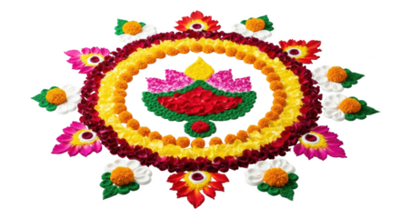 Colorful floral rangoli design with lotus and diya motifs isolated on a transparent background flower