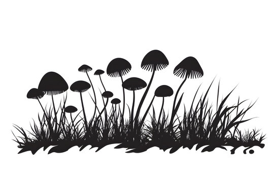 Mysterious Silhouette of Mushrooms: A monochromatic illustration, showcasing a cluster of mysterious mushrooms emerging from lush grass.