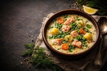 Rustic bowl featuring salmon and potato soup topped with fresh herbs on slate background with room for text