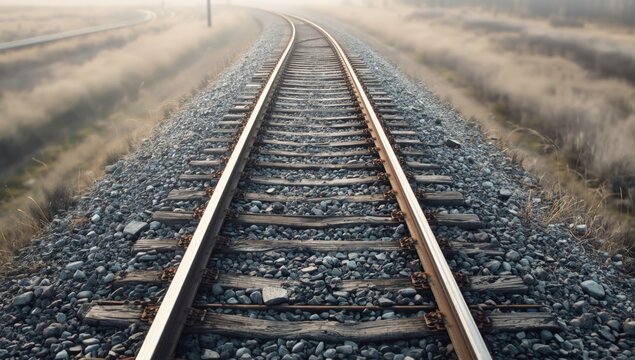 Top view of railway tracks with weathered wooden ties and gravel ballast, highlighting infrastructure longevity