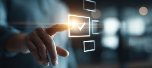 The Finger Selecting a Digital Checkbox on a Futuristic Touchscreen Interface