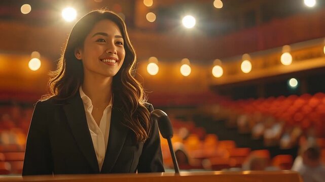 明るい照明の中で女性が壇上に立ち前向きな表情でメッセージを伝える場面