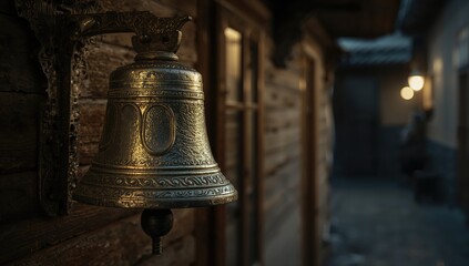 Obraz premium Detailed view of a vintage iron bell affixed to a traditional Romanian wooden building, highlighting rustic architecture
