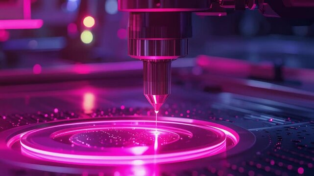 鮮やかなピンクの光が集中する精密加工ヘッドが回転盤を照射する製造現場の一瞬