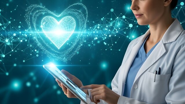 Un m&eacute;dico sostiene un s&iacute;mbolo de salud virtual y accede a registros m&eacute;dicos electr&oacute;nicos, con l&iacute;neas de red que se conectan con otros proveedores de atenci&oacute;n m&eacute;dica.