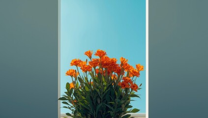 Bright orange blossoms with lush green foliage against a clear blue sky, ideal for nature-themed layouts