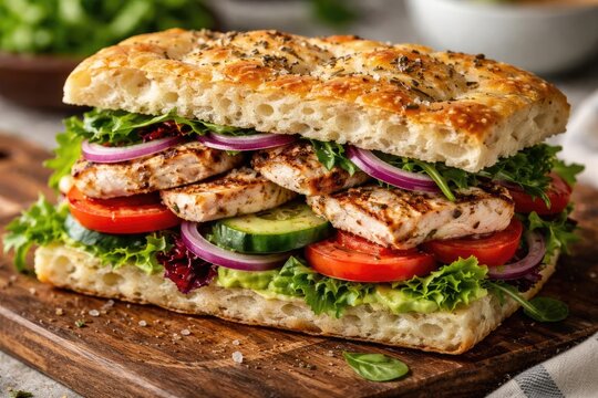 Fresh vegetable and grilled chicken focaccia sandwich captured in high resolution