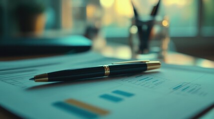 Luxurious black and gold pen on teal business document with financial charts