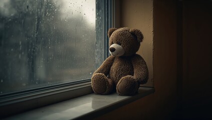 A forlorn teddy bear gazes through a rainy window, highlighting themes of childhood loss for International Missing Children Day