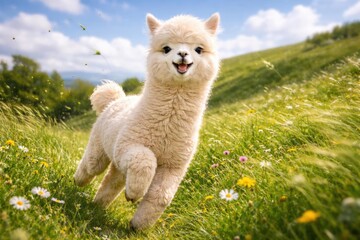 Obraz premium Joyful alpaca frolicking in the windy green meadow