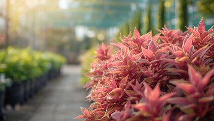 Pink foliage with green veins at nursery used as an eye-catching plant arrangement backdrop