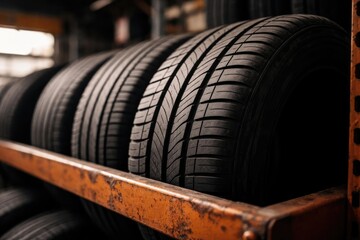 Obraz premium intimate close up of a rubber tire resting on an industrial rack inside garage